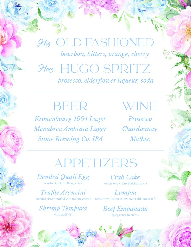 Floral bar and appetizer menu board