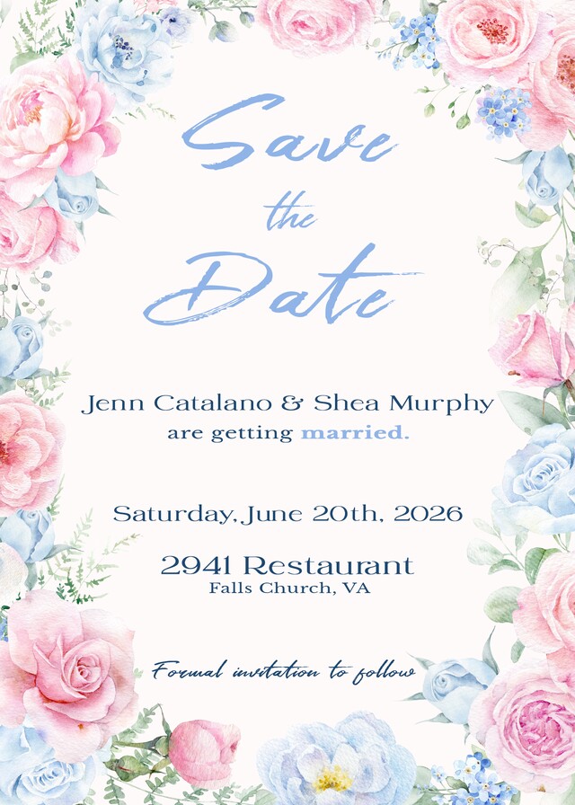 Floral save-the-date in pale blue, pink, and navy