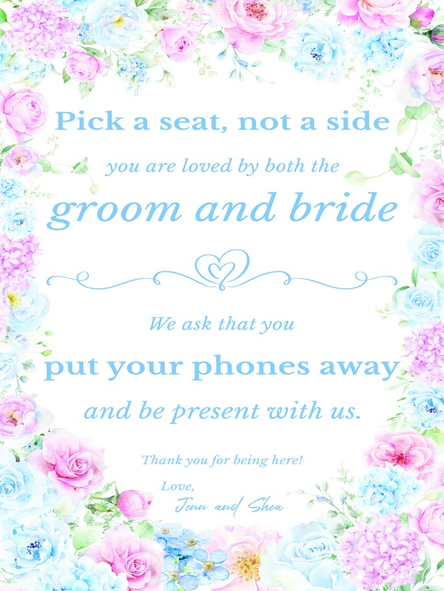 Floral ceremony sign inviting guests to sit anywhere and put phones away